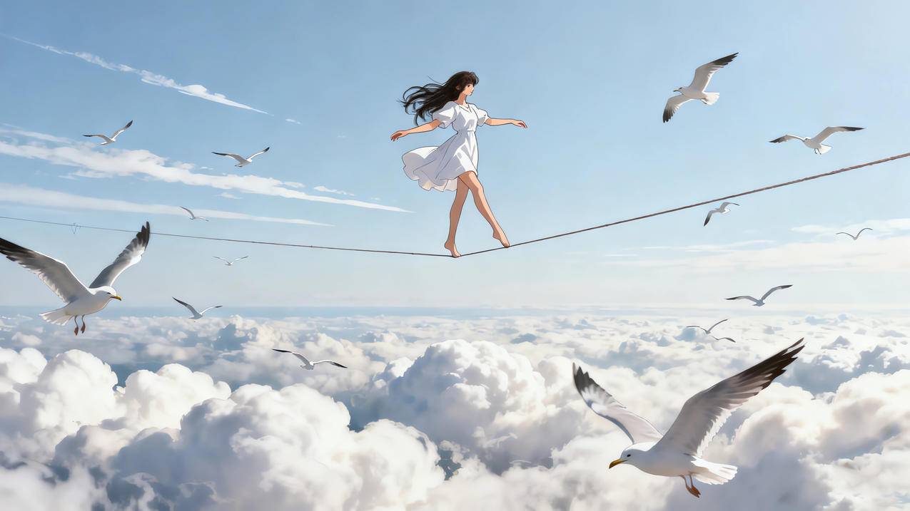 可爱白裙少女在空中走钢丝4k动漫壁纸3840x2160