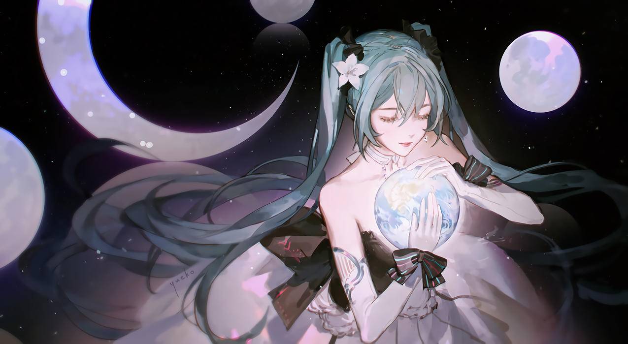 女神 初音未来 水晶球 月亮 4k动漫壁纸