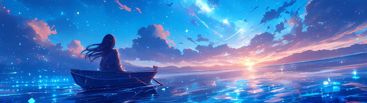 仰望星空 小船 女孩 3840x1080双屏壁纸