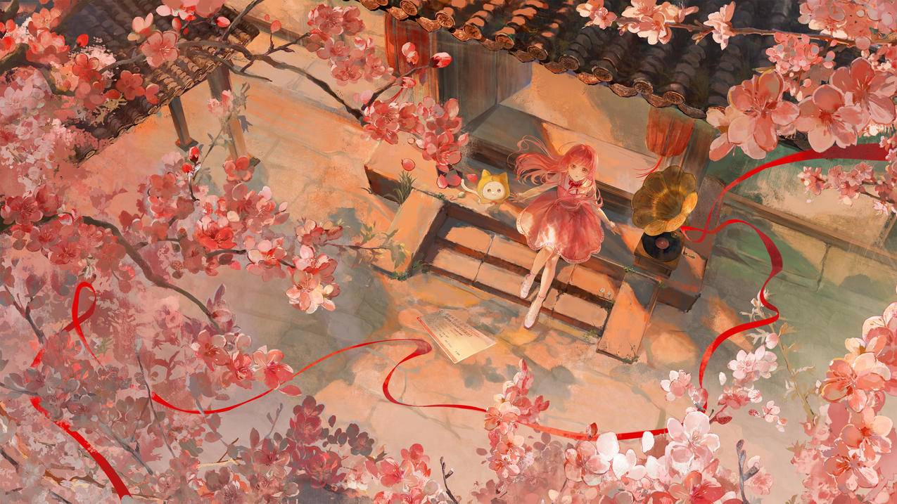 小女孩 台阶 房子 树 花 4K壁纸 3840x2160