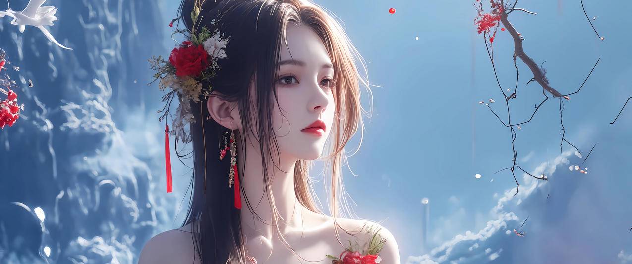 古风女子 红衣 红花 3440x1440带鱼屏高清壁纸