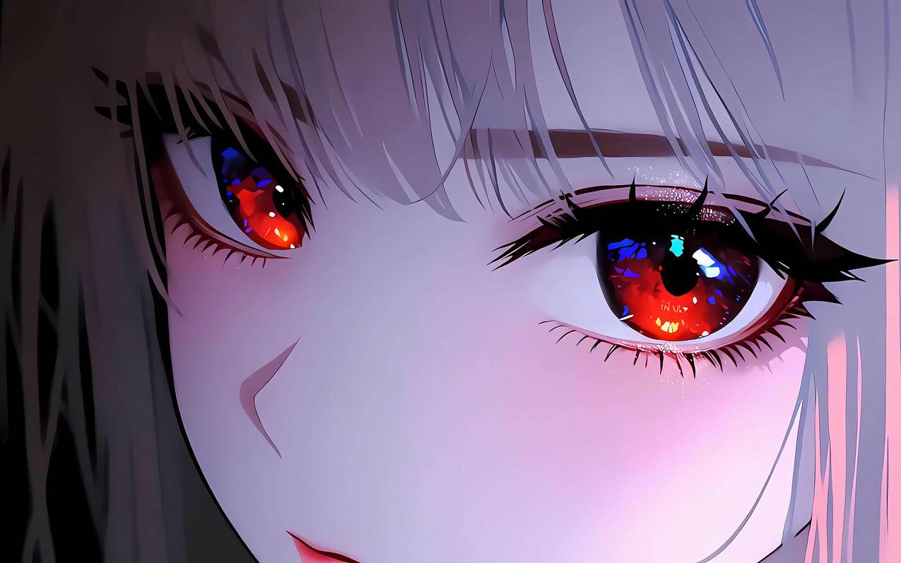 红蓝色大眼睛动漫女孩 4K壁纸 3840x2400