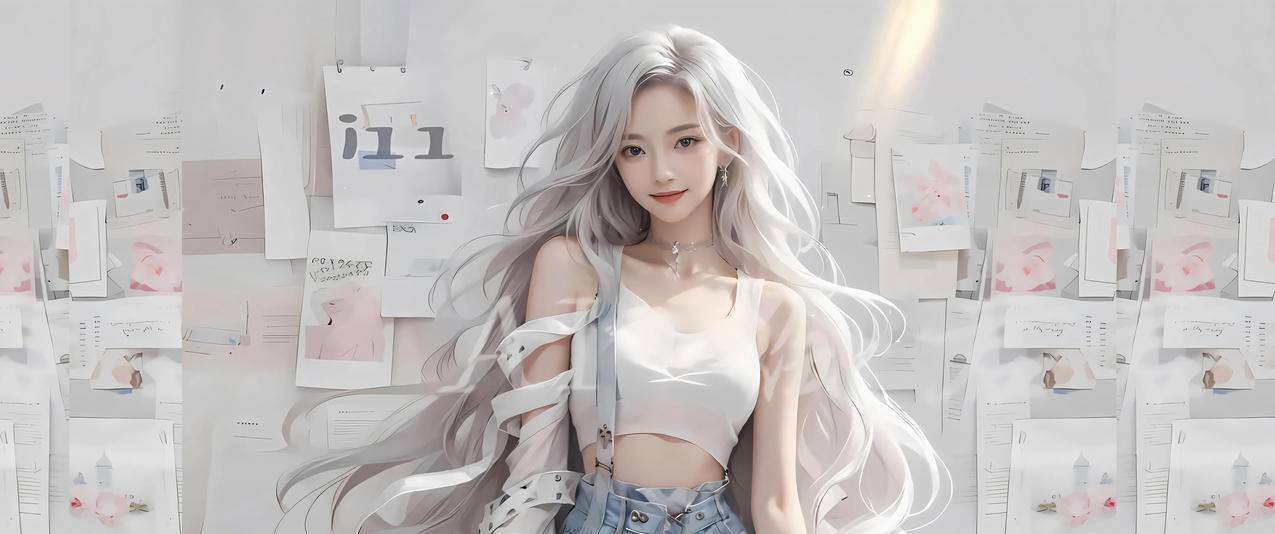 报纸墙 白色长卷发动漫女孩 3440x1440带鱼屏壁纸