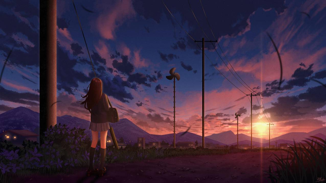 日落 动漫女孩 背影 望向远方 晚霞 乡村 4k壁纸