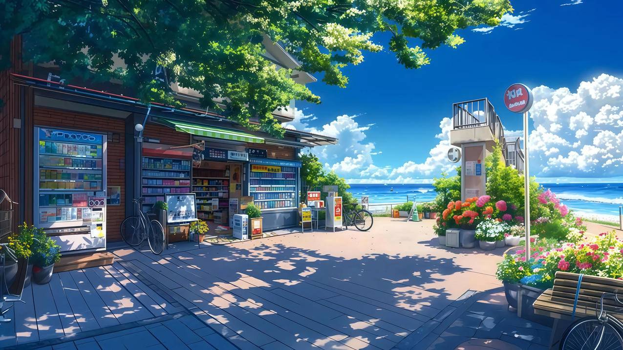 海边小店 树荫 鲜花 4k风景壁纸3840x2160
