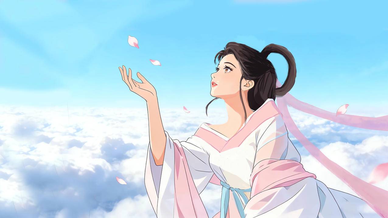 仙女 天空 云 花瓣 4k壁纸