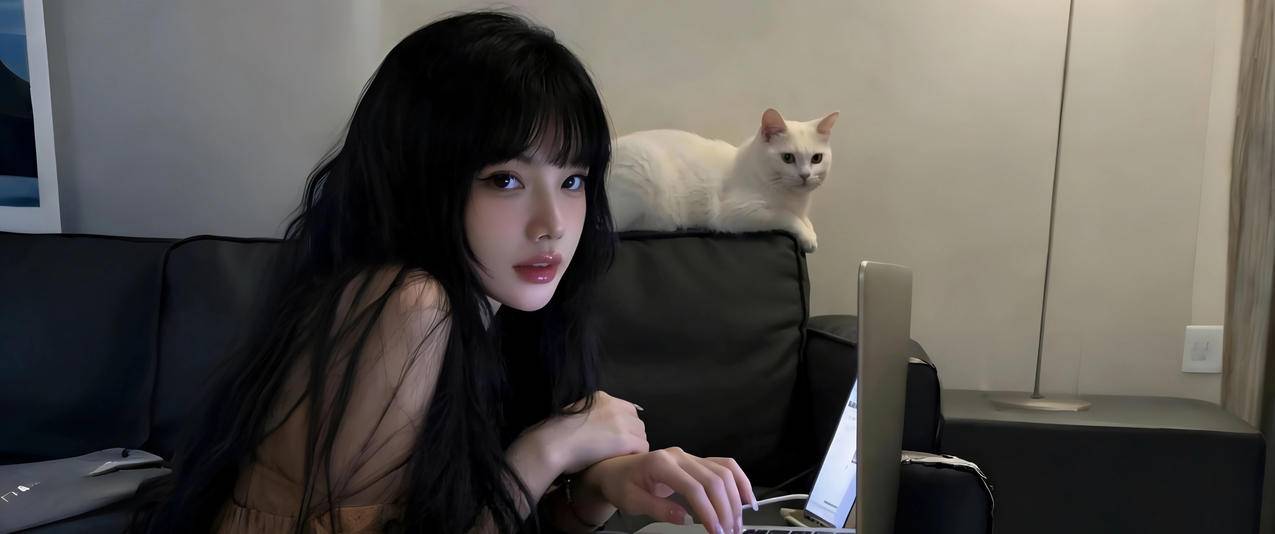 居家美女 笔记本电脑 白猫 3440x1440带鱼屏壁纸
