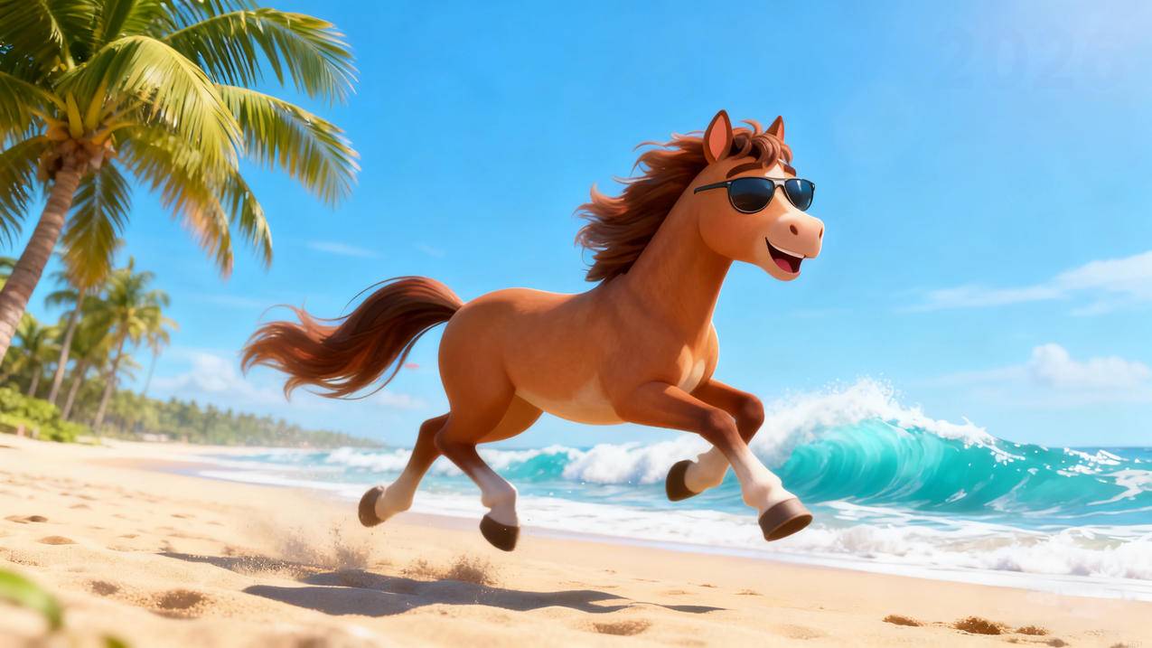 酷马在海边沙滩快乐的奔跑4k壁纸
