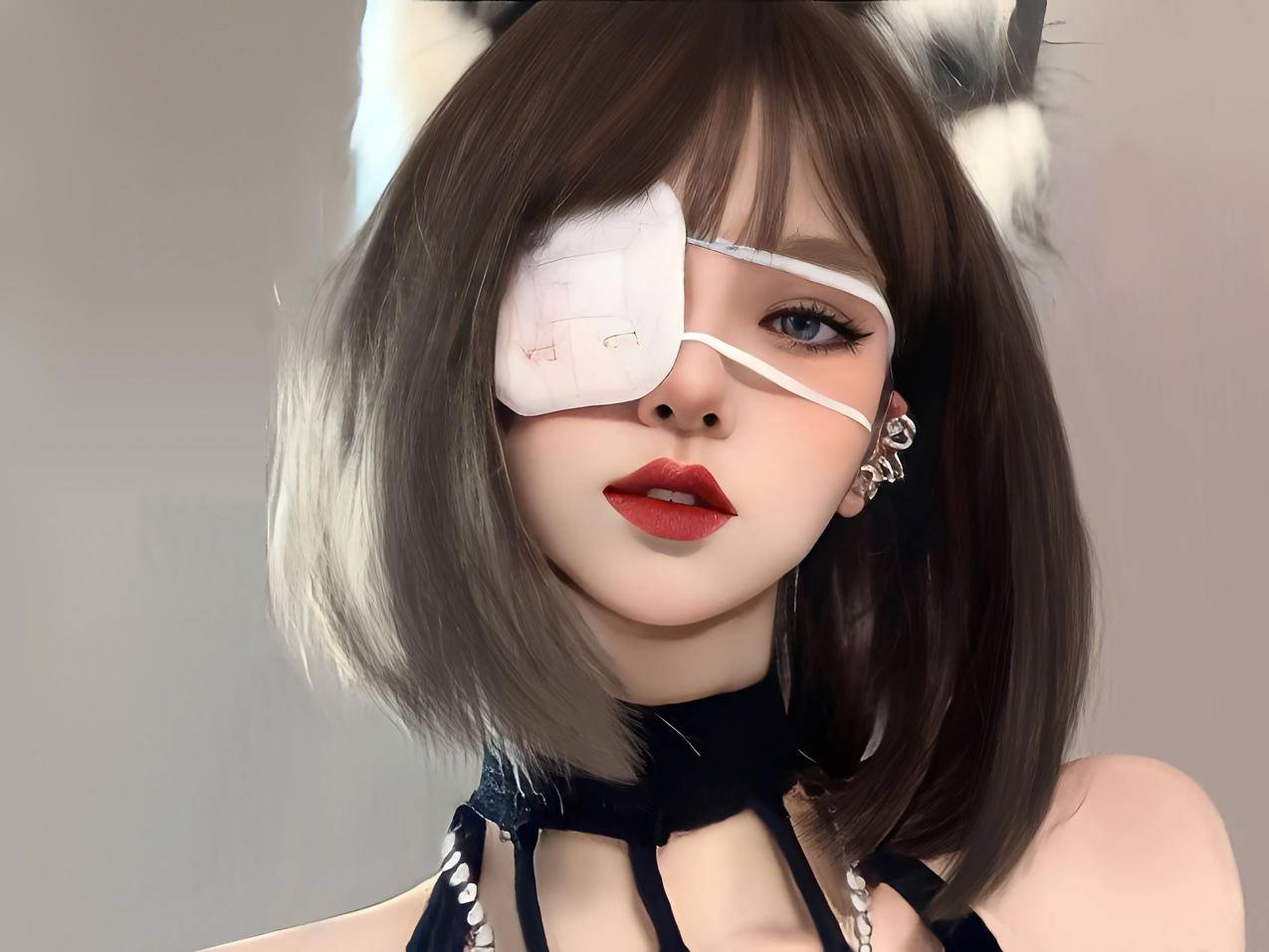 兽耳 眼罩 个性美女 波波头短发 平板电脑壁纸