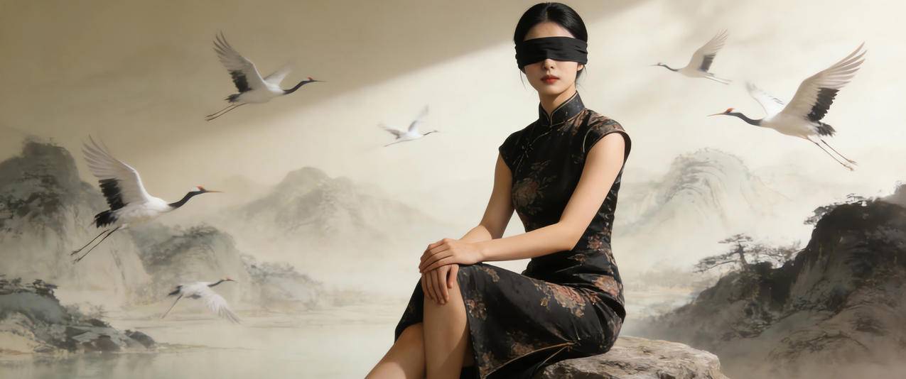 国风 旗袍美女 蒙眼 仙鹤3440x1440带鱼屏壁纸免费