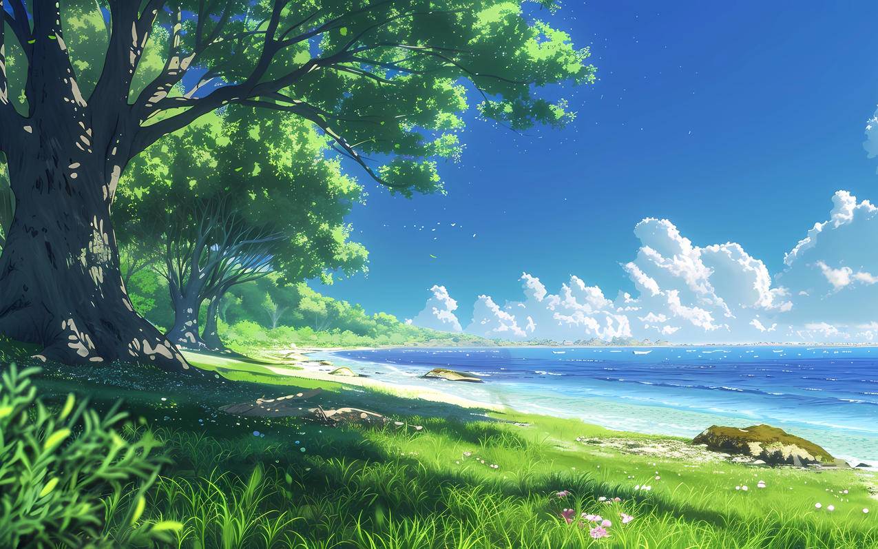 夏天海边风景 绿树 草地 蓝天白云 车机壁纸3200x2000