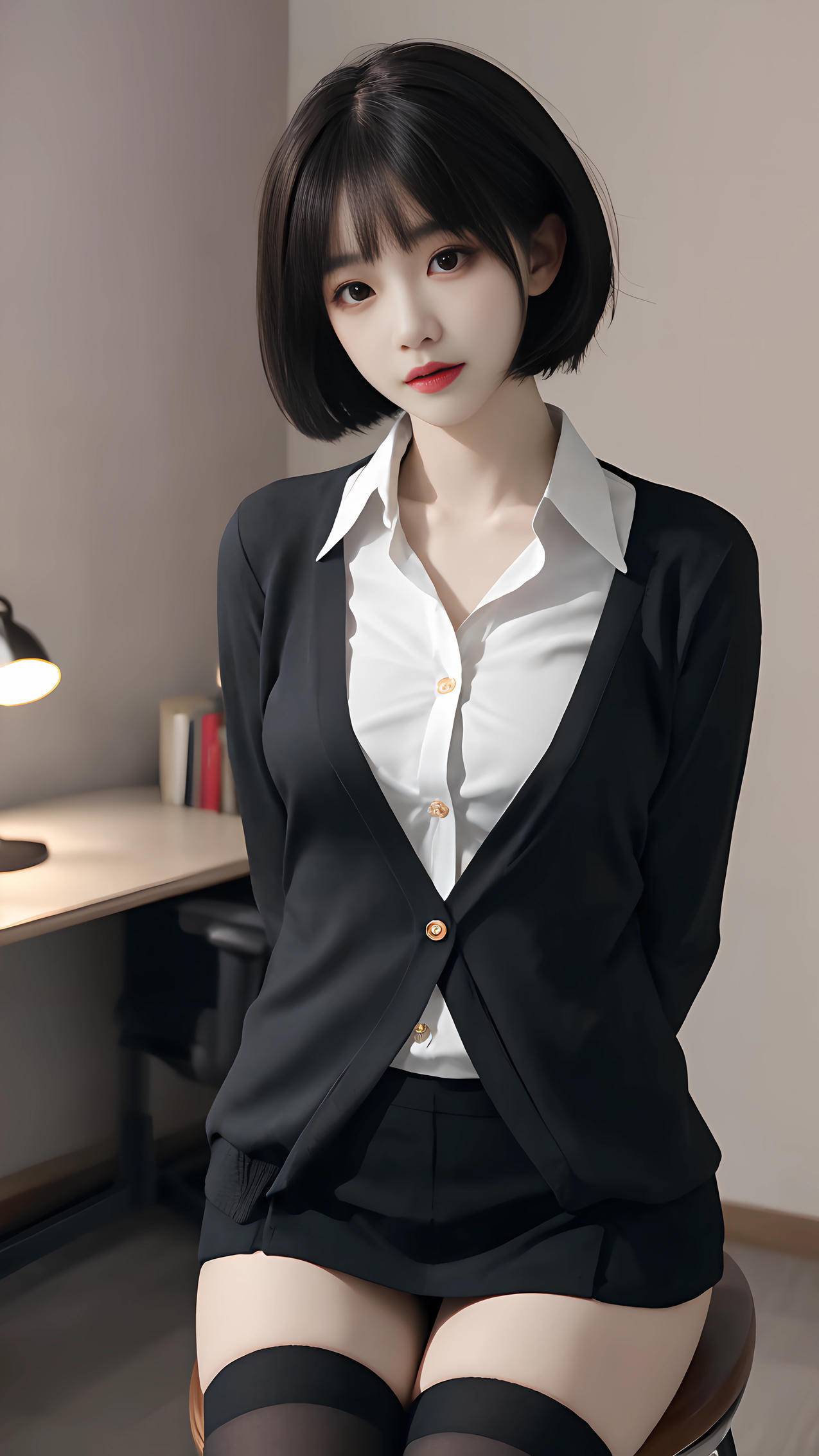 短发ai漂亮美女 黑色套装 4k动漫美女手机壁纸