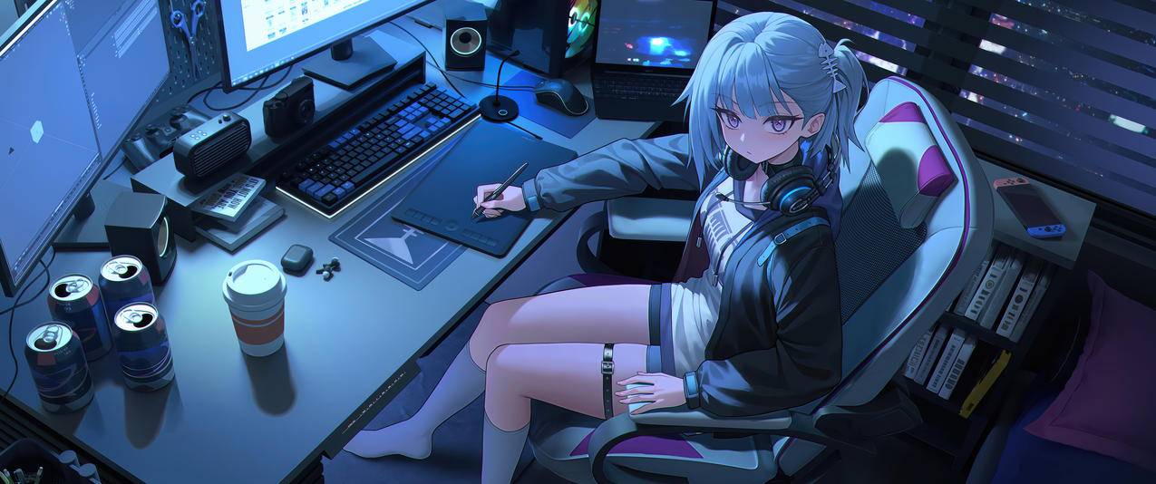 蓝头发动漫女孩 房间 电脑桌 板绘 3440x1440带鱼屏壁纸
