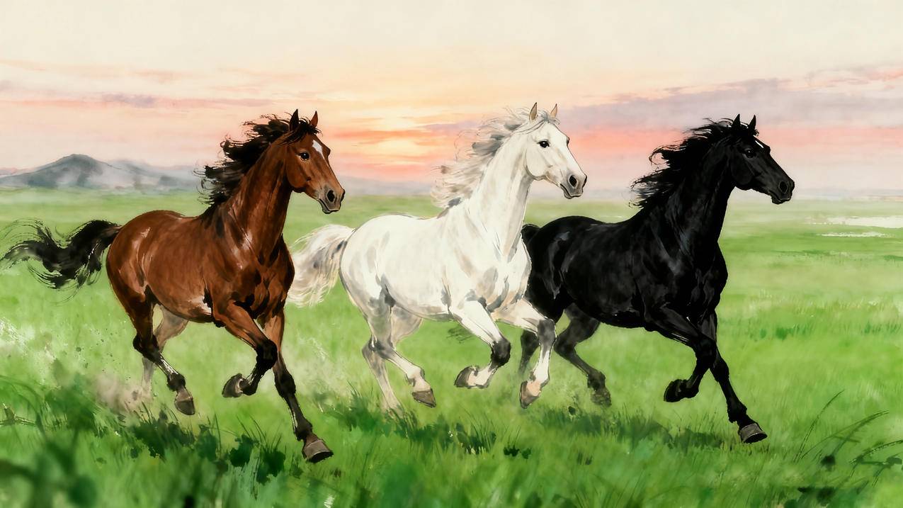 2026年马年图片 草原上3匹骏马5k高清图片素材