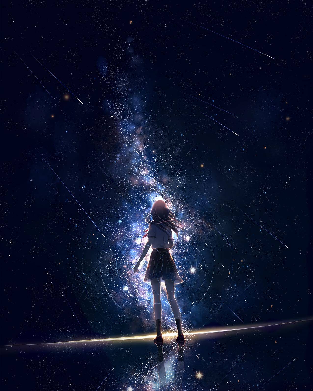 晚上 星空 少女 背影许愿 全面屏手机壁纸