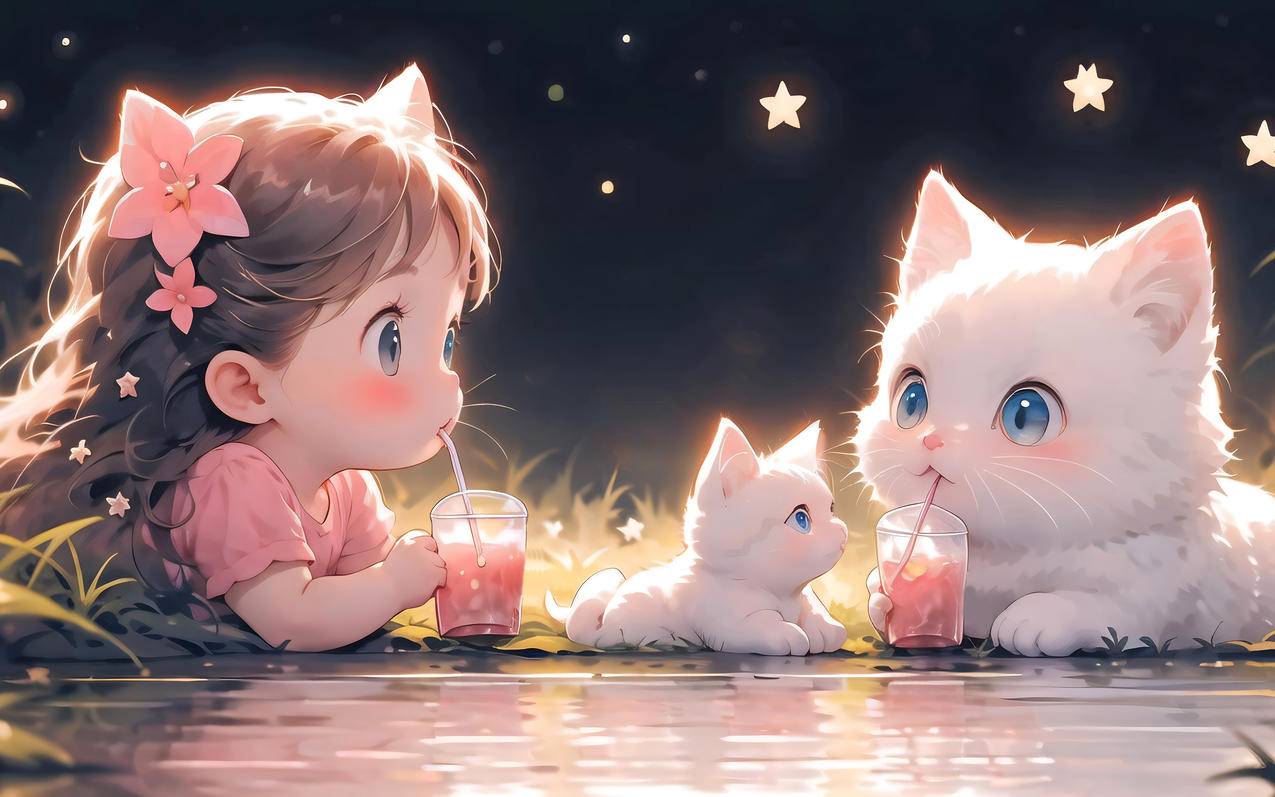 一起喝果汁喵 小猫 女孩 画师 炼丹 2560x1600高清壁纸