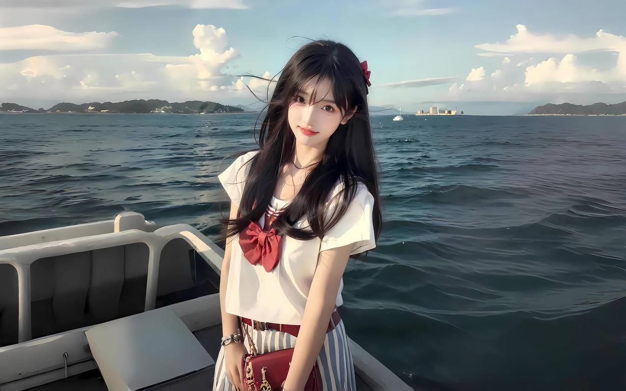 海上 船 可爱女生长发 4K壁纸全屏 3840x2400