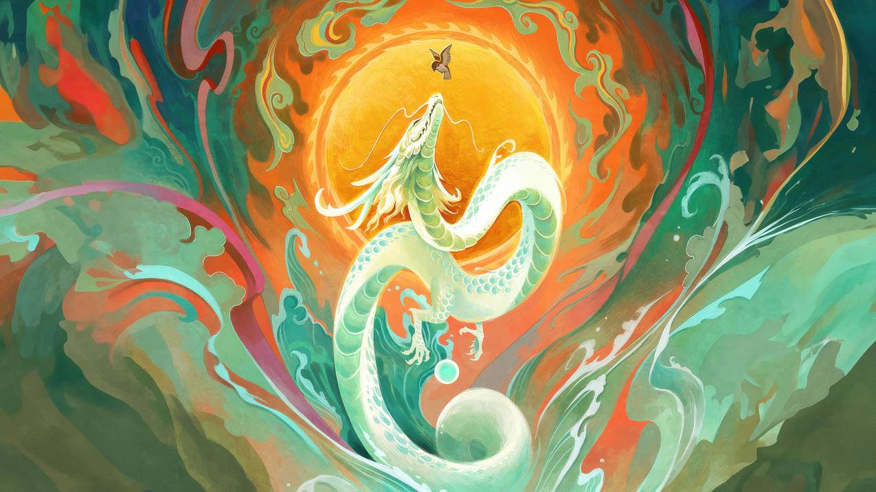 绘画插图 充满活力 龙 神话 鸟 太阳 河流 4K壁纸 3840x2160