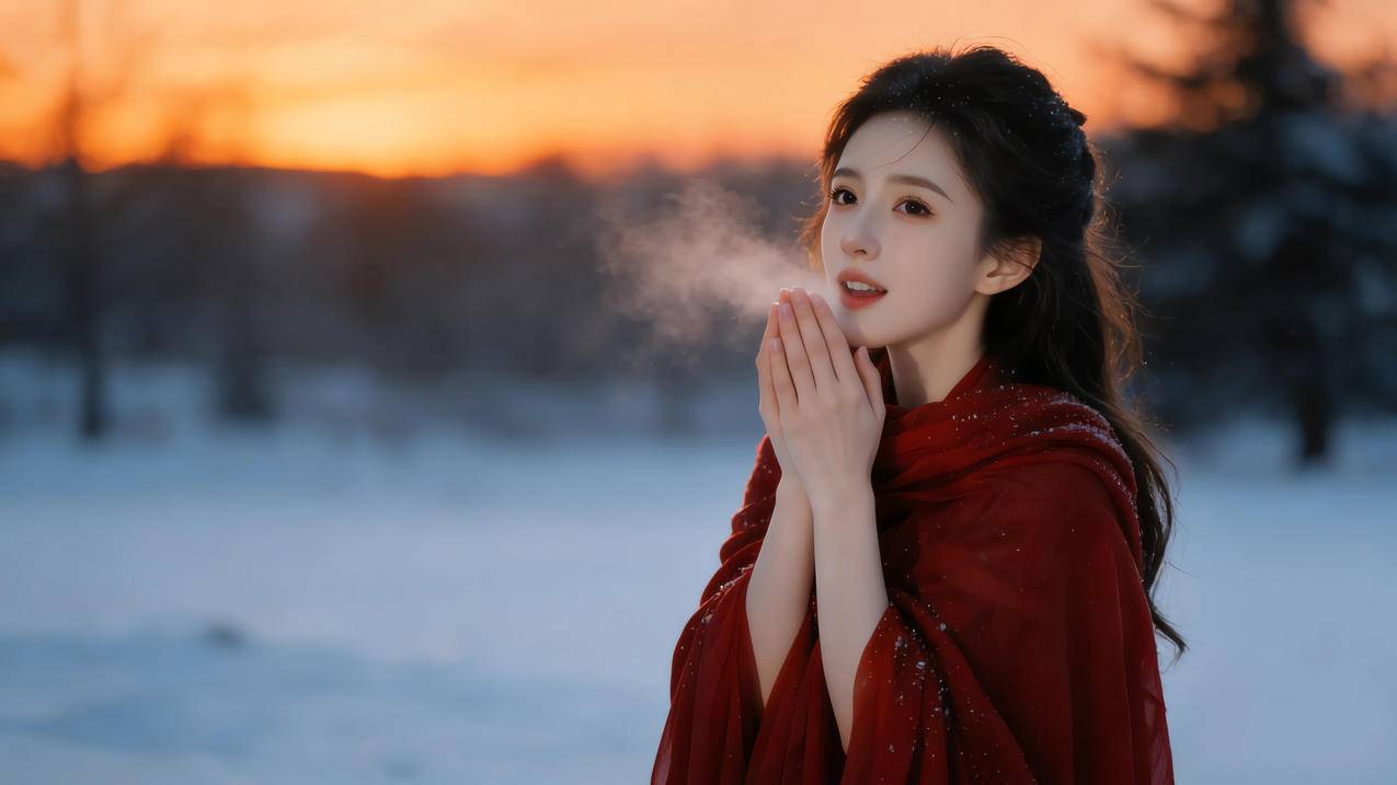 冬天红衣美女 唯美雪景 4k壁纸