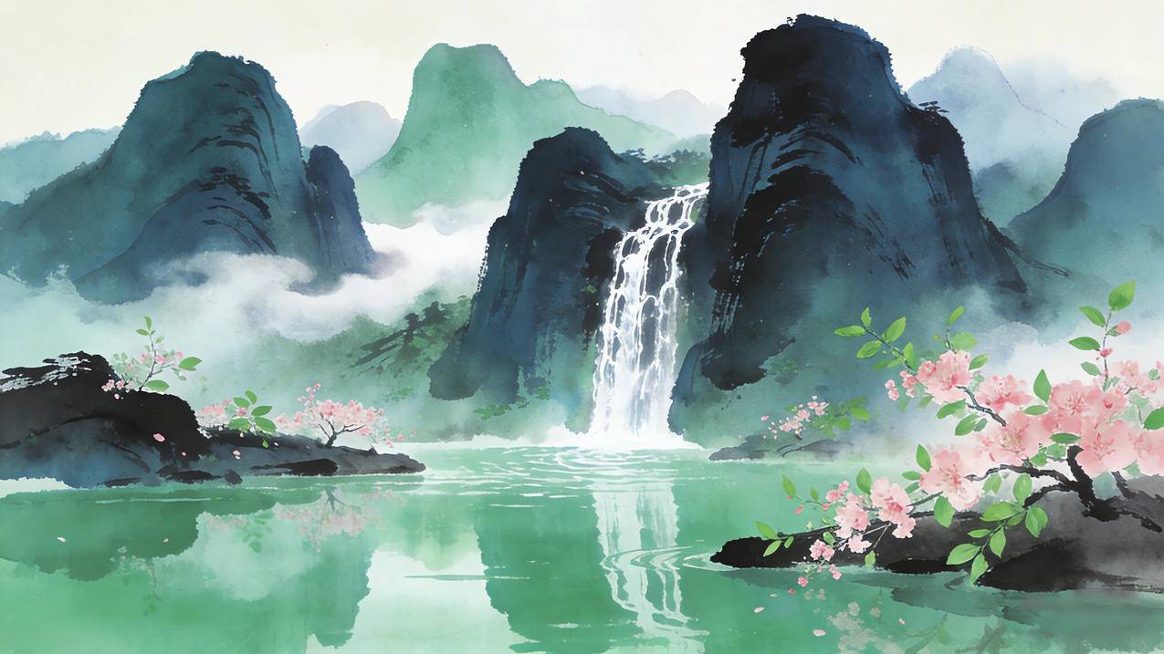 山水画 桃花 水墨风4k壁纸3840x2160