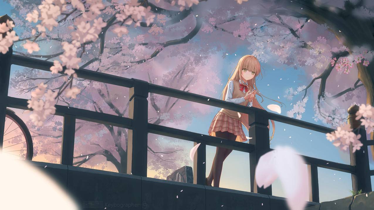 动漫少女 樱花 栏杆 花瓣 风景 4K壁纸 3840x2160