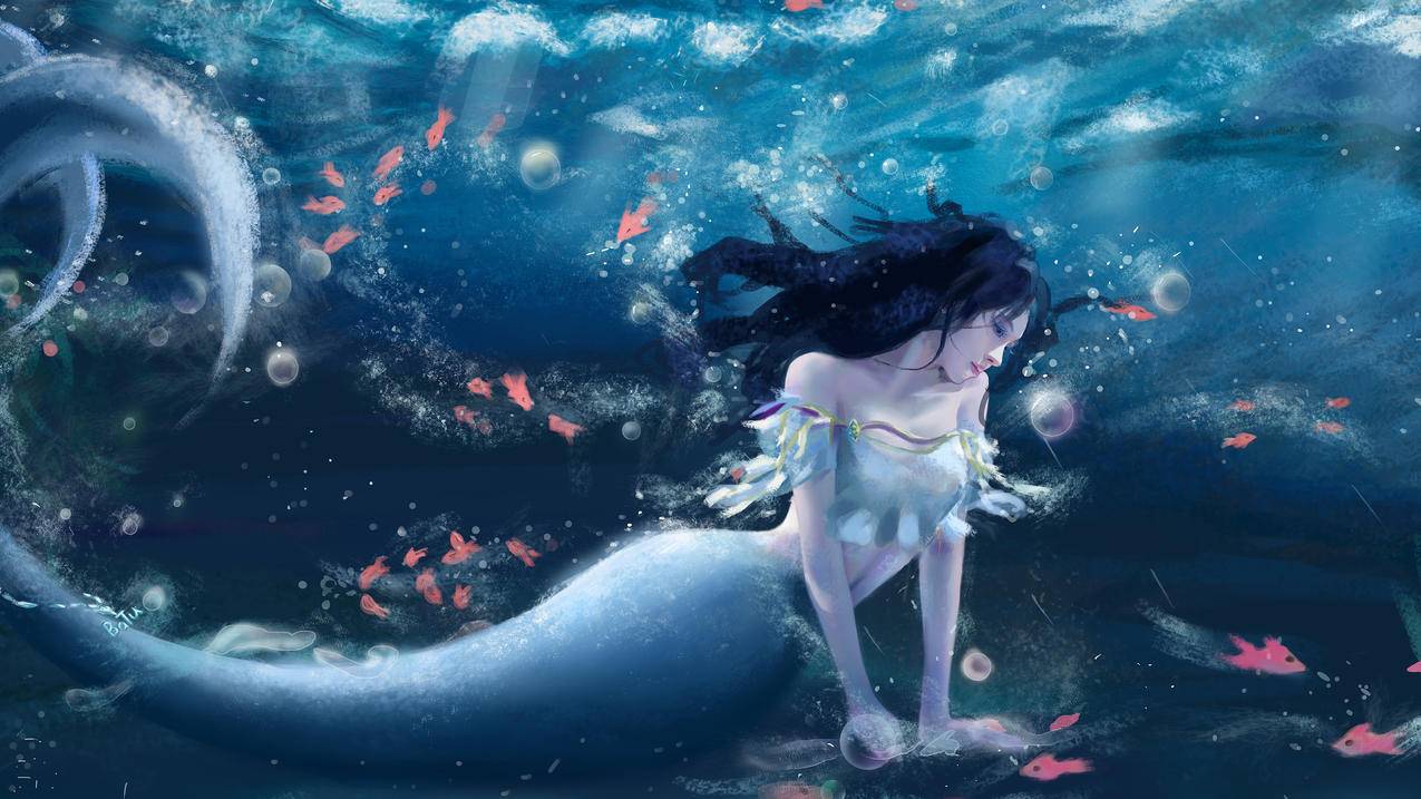 巴图BaTu 原创 美人鱼 海面 小鱼 4K高清壁纸