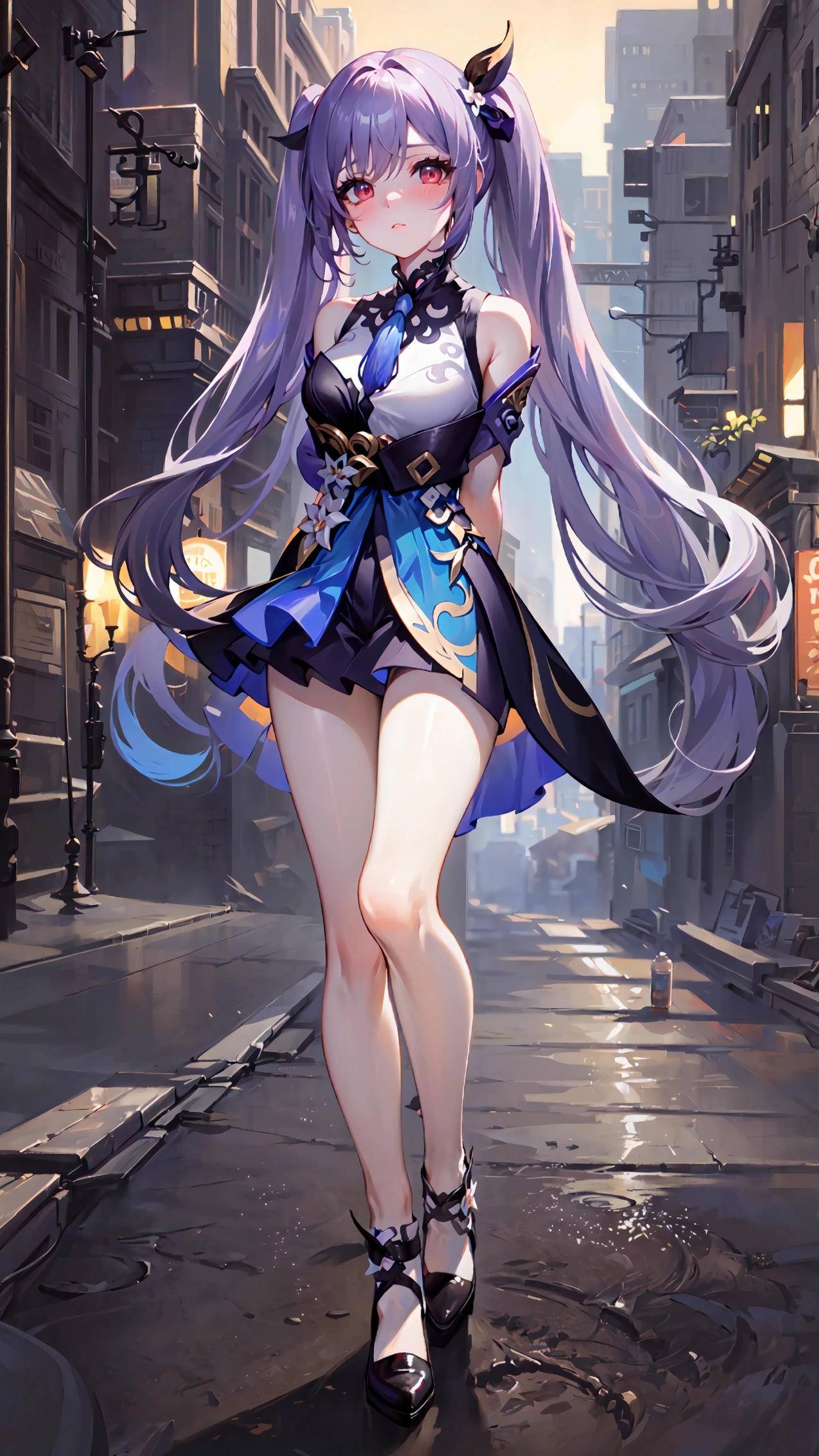 红色眼睛 紫色长长头发 美腿 动漫4k手机壁纸