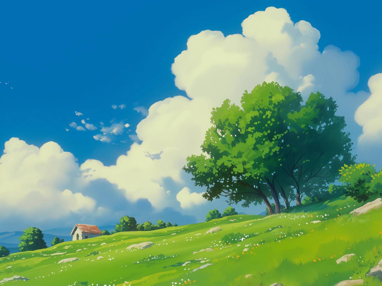 蓝天白云 树 房子 绿色草地 鲜花 平板风景壁纸
