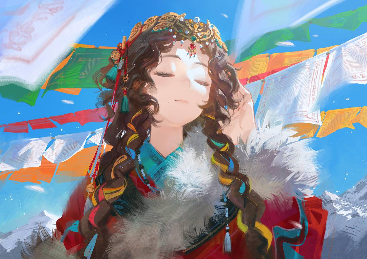 少女 闭眼 藏服 晴朗的天空 4K壁纸