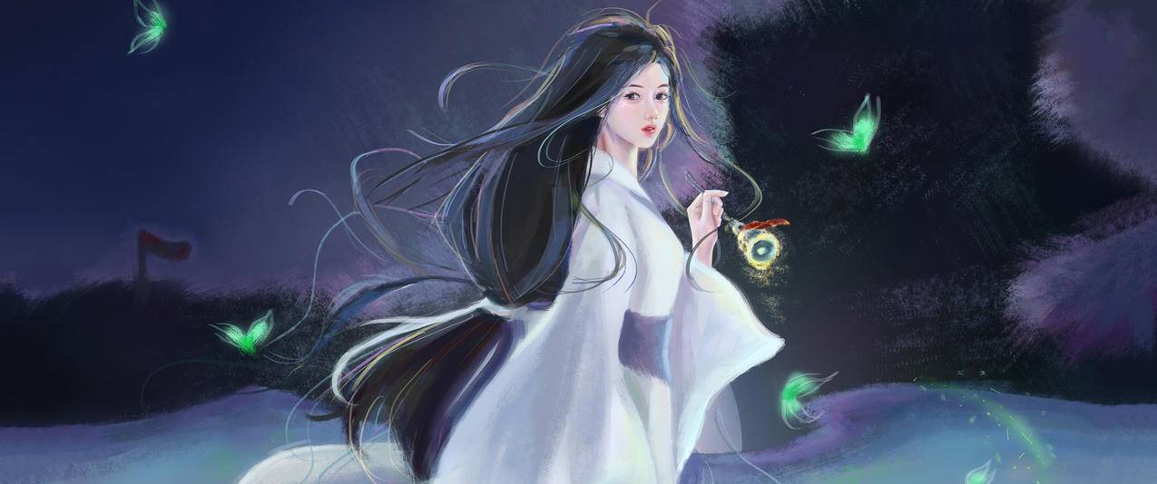 巴图BaTu 原创 古风 白裙女孩 夜晚雪地 城楼 铃铛 绿蝶 5K超清壁纸