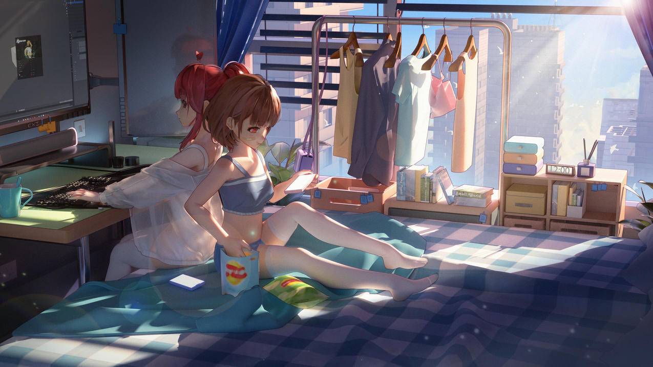 女孩 阳光房间 衣架 床铺 电脑 4K壁纸 高清3D