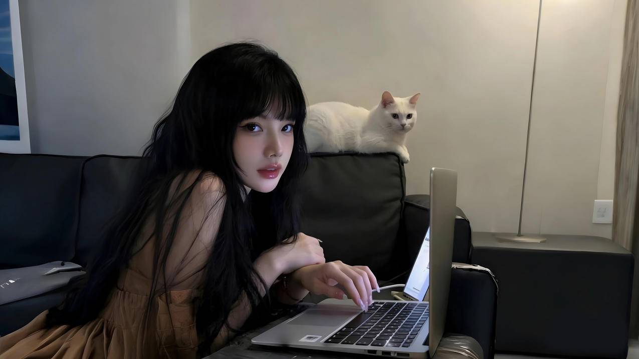 居家美女 笔记本电脑 白猫 4K电脑壁纸原图3840x2160