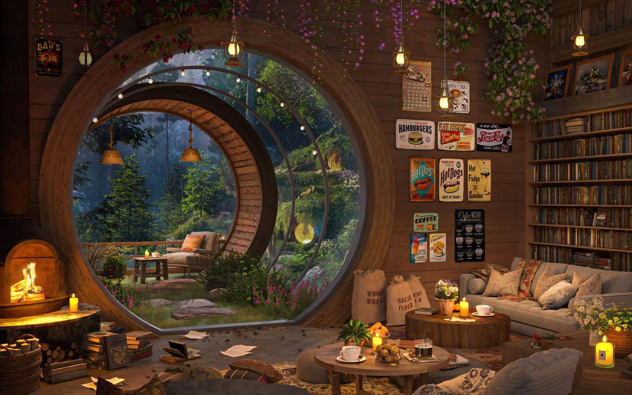 舒适小家 圆形门 鲜花 森林 高清风景 车机壁纸横屏超高清3200x2000