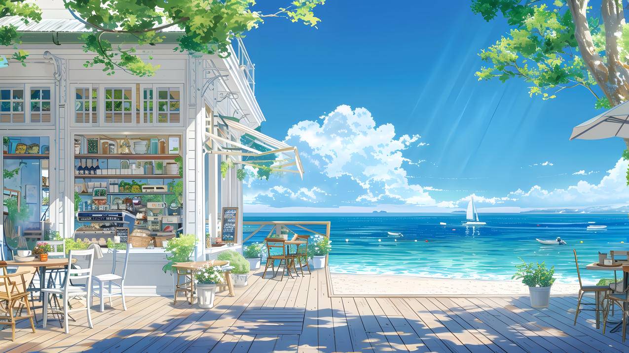 夏日海边 小店 清新 4K风景壁纸 3840x2160