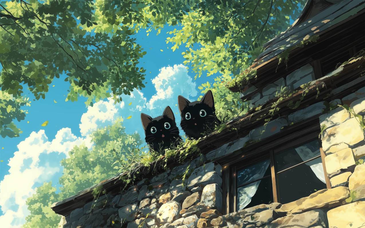 绿色树荫 屋顶 两只小黑猫 4K壁纸 3840x2400