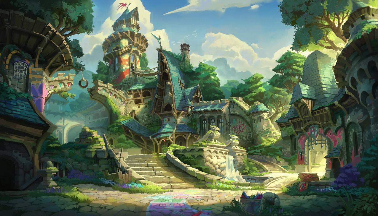 天空 云朵 房屋 树木 台阶 2D绘画风景 4k壁纸