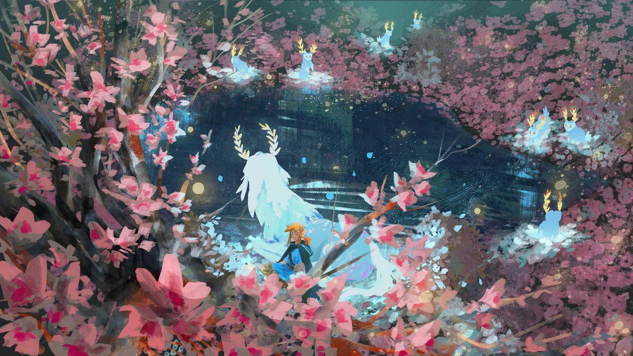 塞尔达传说 桃花林 湖泊 夜晚 月亮倒影 4K高清游戏壁纸