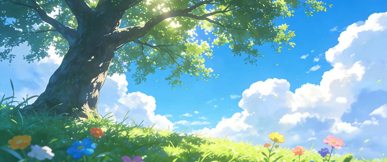 蓝天白云 大树 绿草地 鲜花 3440x1440带鱼屏风景壁纸