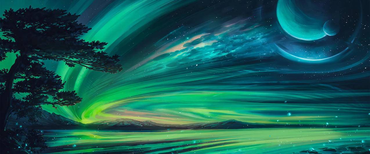 北极光夜景3440x1440风景带鱼屏壁纸