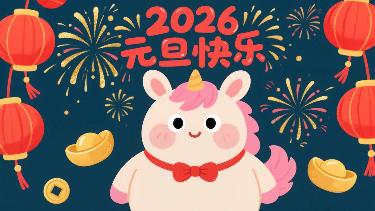 2026元旦快乐 可爱小马 烟花 元宝 灯笼 4K壁纸