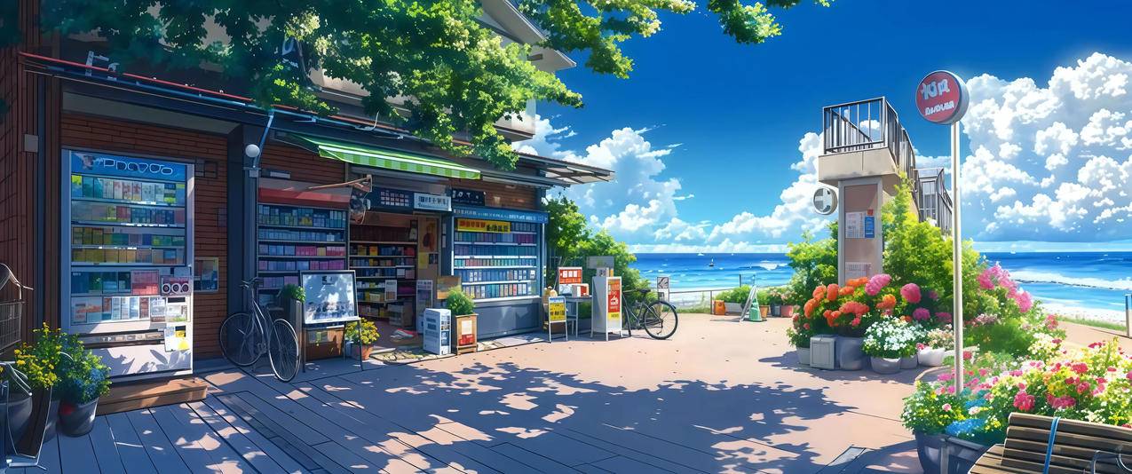 海边小店 树荫 鲜花 3440x1440风景带鱼屏壁纸