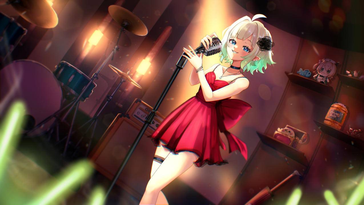 Nimi Nightmare 可爱女孩 红色连衣裙 音乐 麦克风 4K动漫壁纸