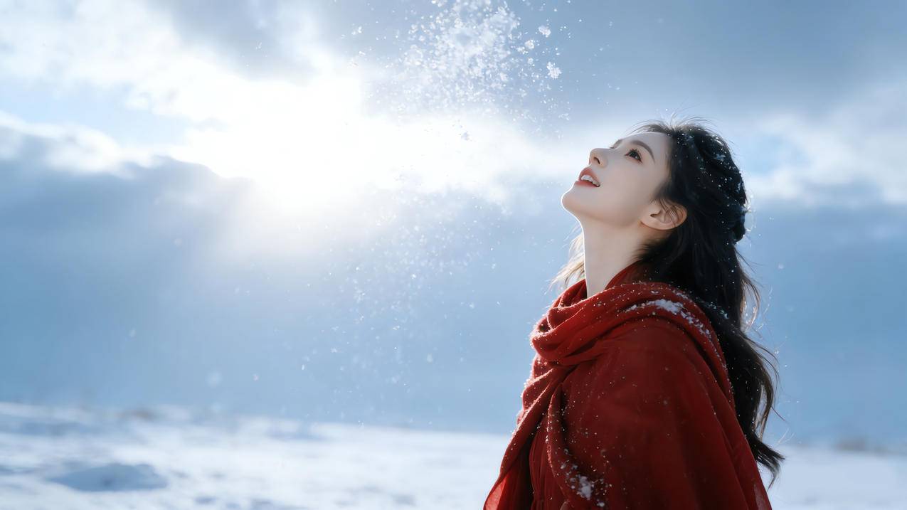 冬日雪景红衣美女抬头仰望4K壁纸3840x2160