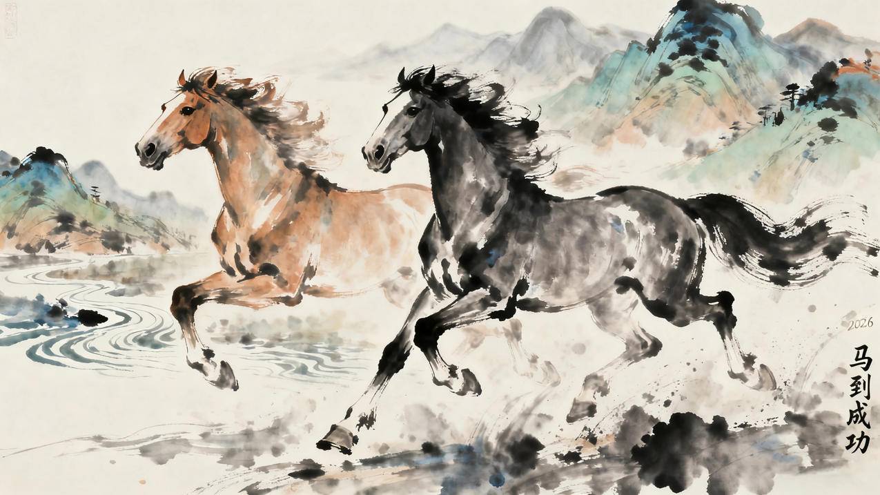 2026马到成功 水墨山水画 两匹骏马 4k壁纸3840x2160