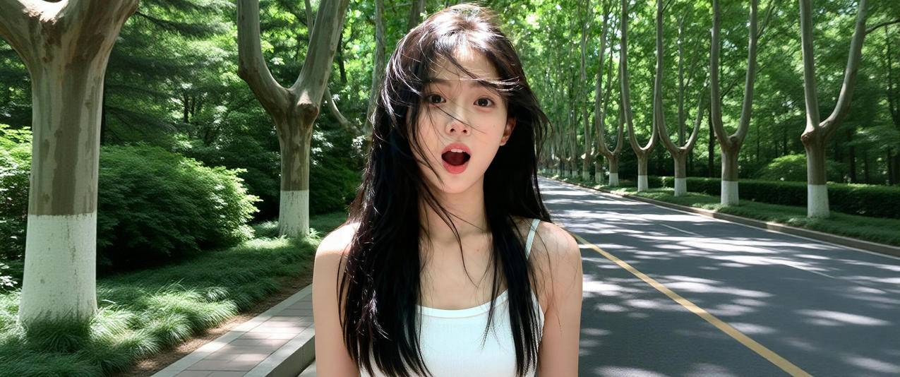 绿荫道路 清纯美女 惊讶表情 3440x1440带鱼屏壁纸