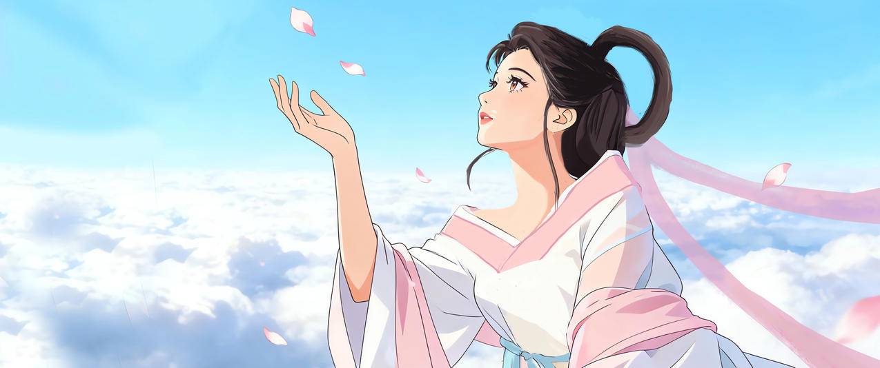 仙女 天空 云 花瓣3440x1440带鱼屏动漫壁纸