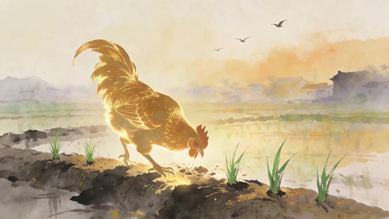 金鸡觅食 水墨风 田园风景 4K壁纸