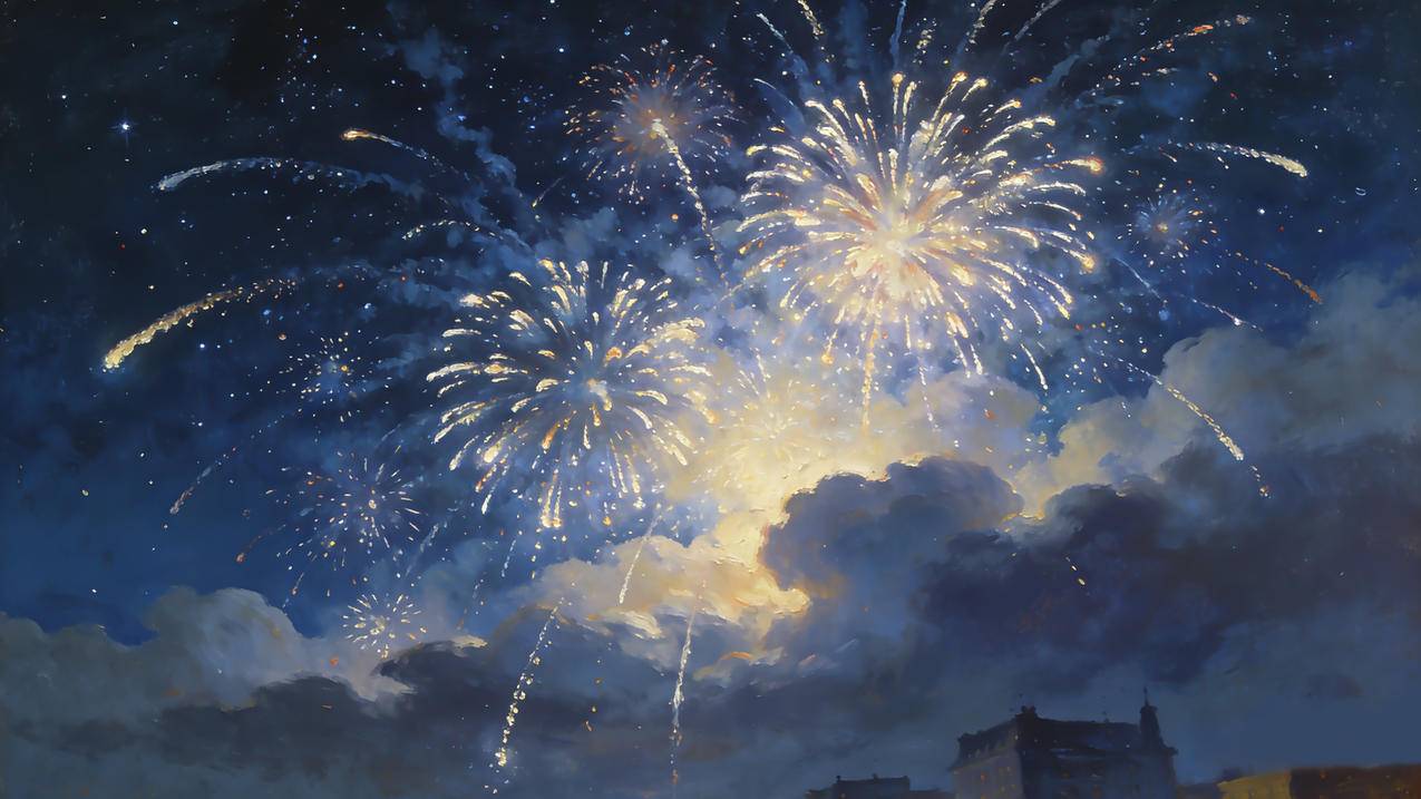 烟花 云朵 新年 4K壁纸