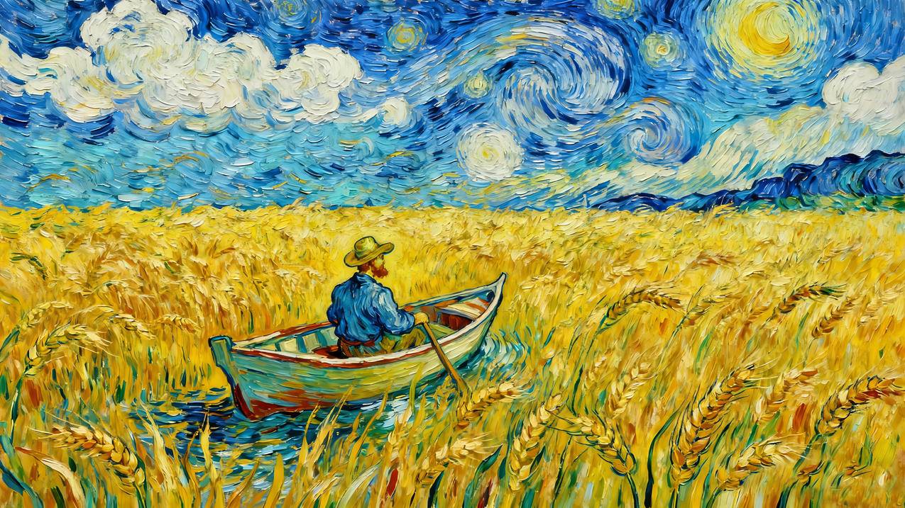 麦浪 小船 油画 梵高 4k风景壁纸