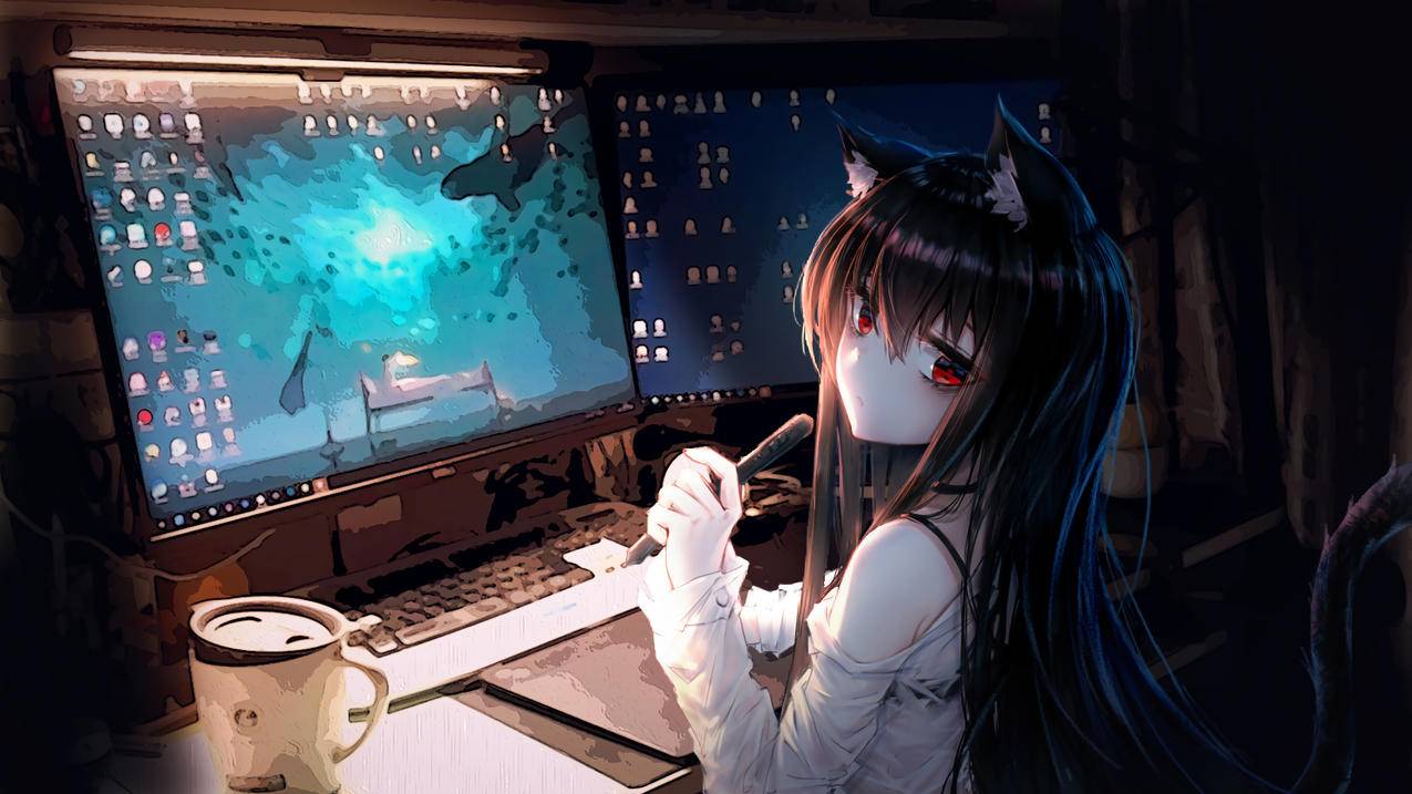 二次元女子 红色眼睛 猫耳 萌 电脑画画4k动漫壁纸 4k手机壁纸